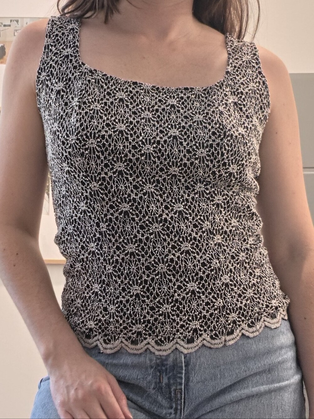 NICOLA Black & Silver Lace Overlay Tank Top | Floral Embroidered Sleeveless Y2K